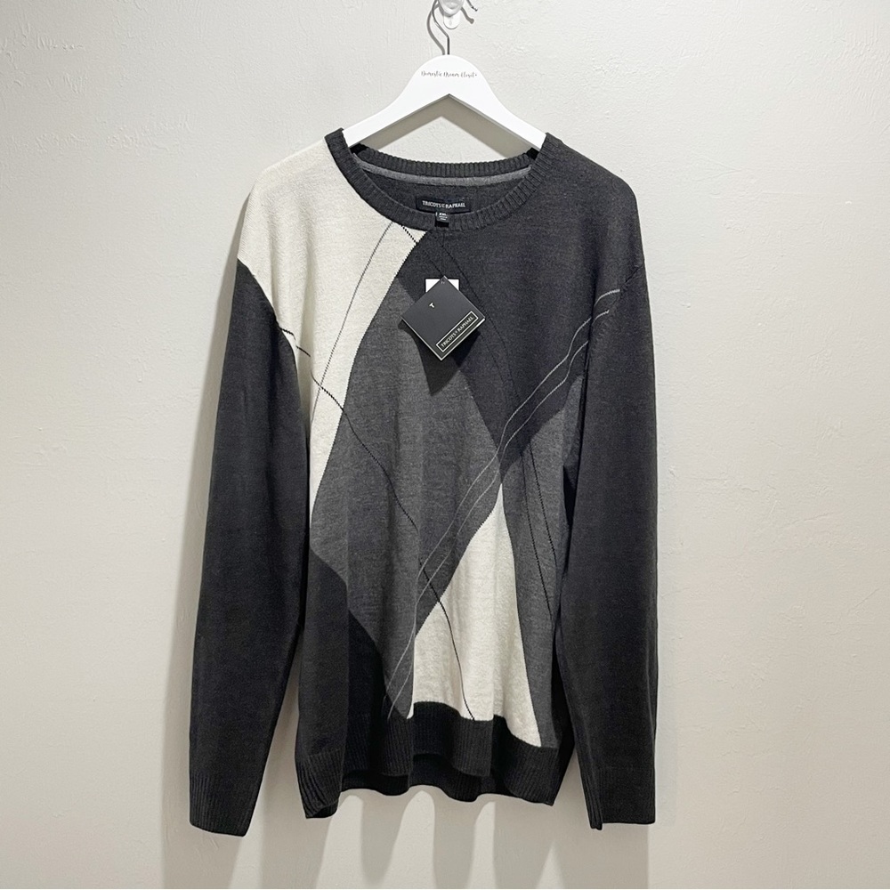 TRICOTS ST RAPHAEL Men’s Gray Ivory Plaid Round Neck Pullover Sweater Sz XXL